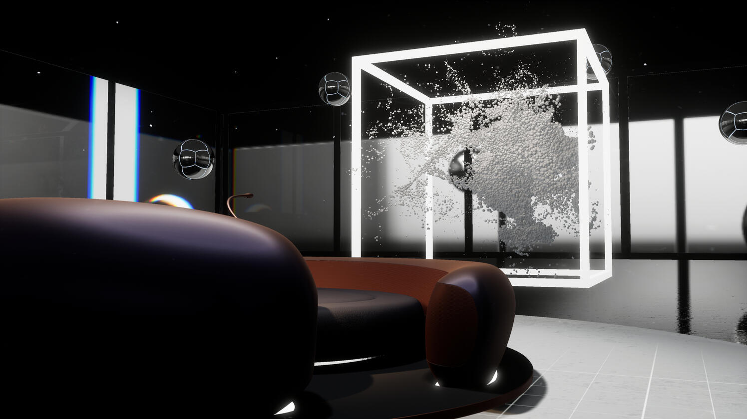 Still capture showing an interior view of the Loop VR experience. New Worlds: Mixed Reality Experience, DDP Design Museum, Seoul, 2022. In collaboration with Halina Rice, ZHVR Group.
