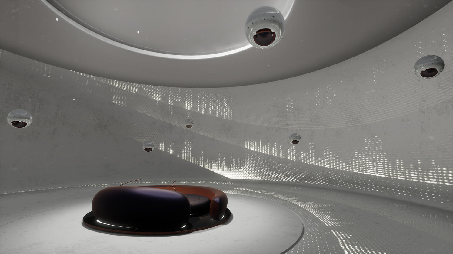 Still capture showing an interior view of the Loop VR experience. New Worlds: Mixed Reality Experience, DDP Design Museum, Seoul, 2022. In collaboration with Halina Rice, ZHVR Group.