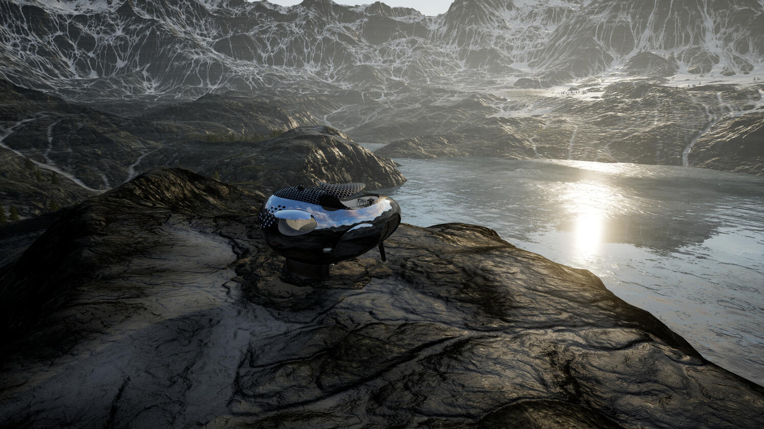 Still capture showing an exterior view of the SuperChalet VR experience. Concept Development Project, 2022, ZHVR Group.