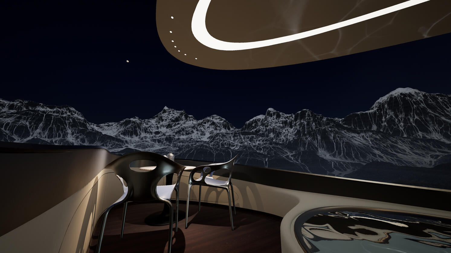 Still capture showing the rooftop view of the SuperChalet VR experience. Concept Development Project, 2022, ZHVR Group.