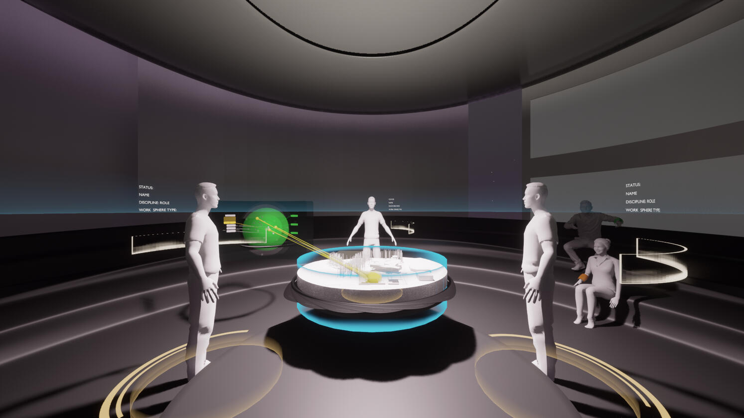 Still capture of the Collective Virtual Work Space in the PrismArch platform. Horizon 2020 Research Project, 2020–2022. Virtual reality–aided architectural design in multi-simulation environments, ZHVR Group.