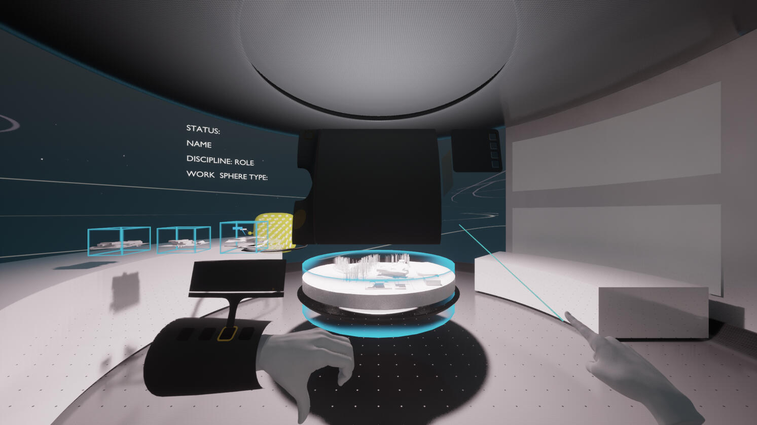 Still capture of the Modelling Virtual Work Space in the PrismArch platform. Horizon 2020 Research Project, 2020–2022. Virtual reality–aided architectural design in multi-simulation environments, ZHVR Group.