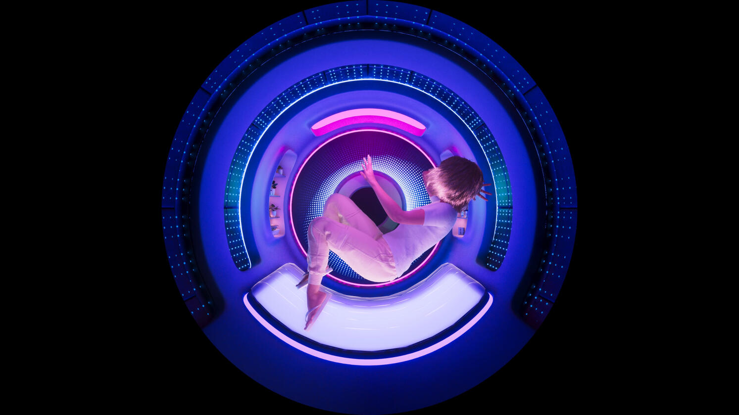 A frame from the motion-captured animation in the Bedroom scene. The Metabolic Guide to Space Survival, The Universe Pavilion, Venice Architecture Biennale, 2025.