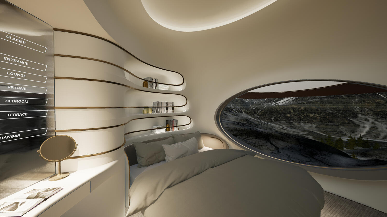 Still capture showing a bedroom view of the SuperChalet VR experience. Concept Development Project, 2022, ZHVR Group.