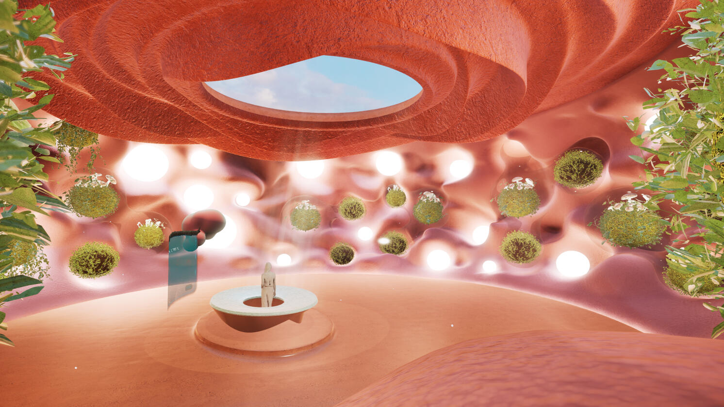 Still capture of an interactive VR experience in the Training Space. The Living Factory, Behind the Design Exhibition, 2024.