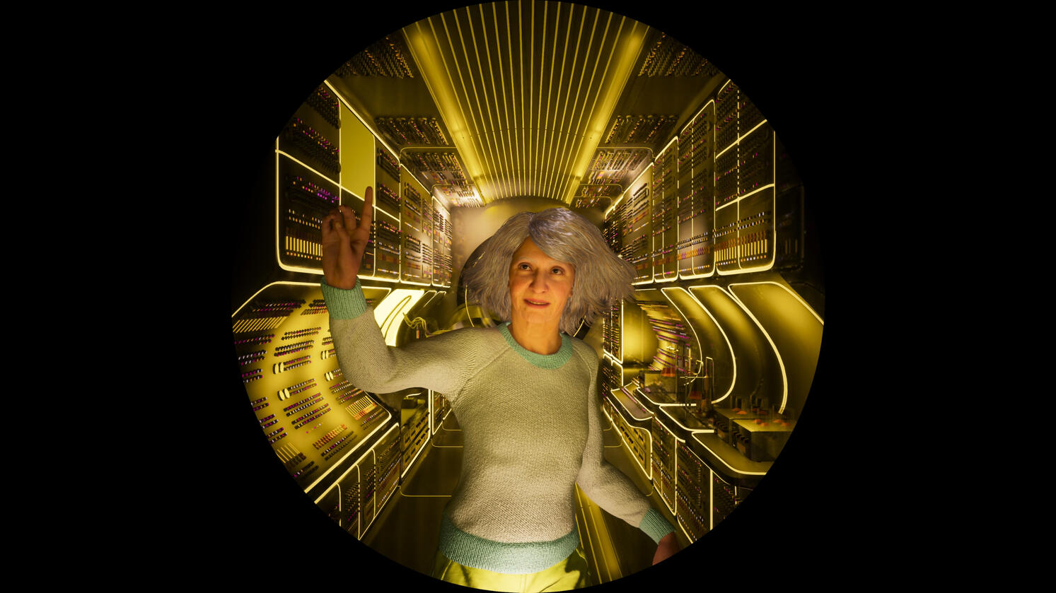 Mira Kordan in the Sunshine Lab scene. The Metabolic Guide to Space Survival, The Universe Pavilion, Venice Architecture Biennale, 2025.